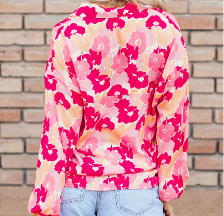Sarah Express Women's Floral Print Puff Sleeve Button-Down Shirt Polyester Pink