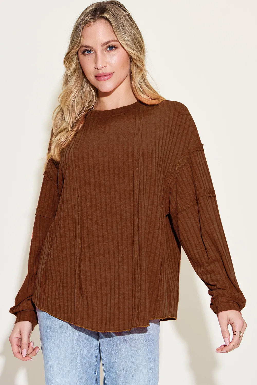 Sarah Express Women’s Plus Size Ribbed Long Sleeve T-Shirt with Exposed Seam
