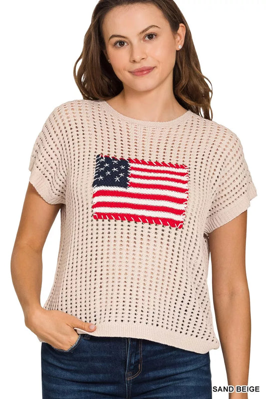 Sarah Express Women's American Flag Openwork Knit Top - Patriotic Viscose Sweater SAND BEIGE