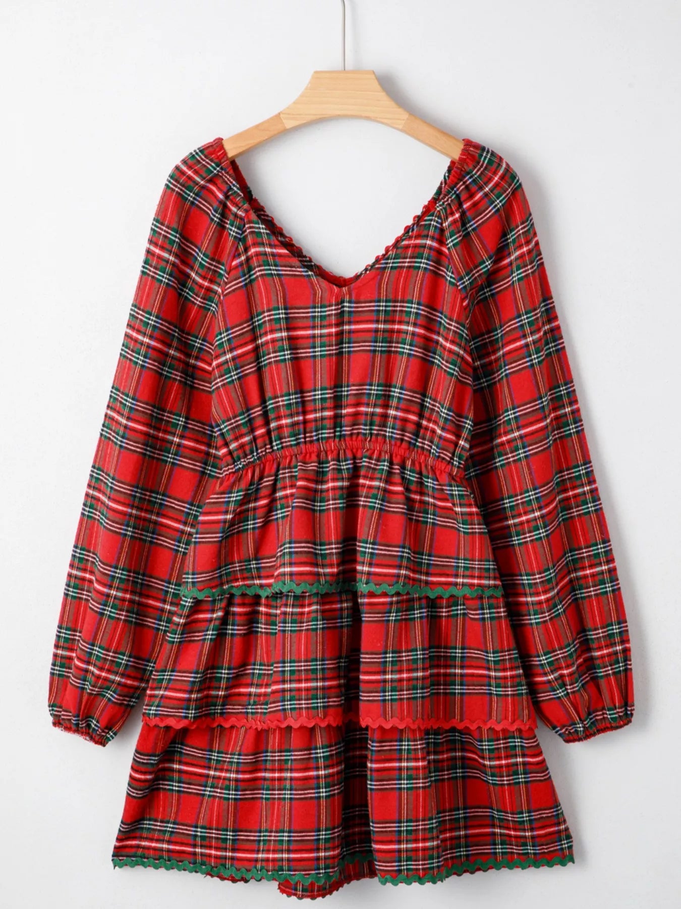 Sarah Express Women's Plaid Print Tiered Bubble Sleeve Mini Dress