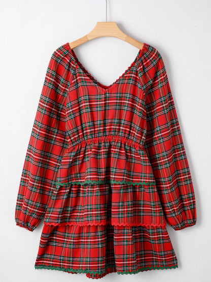 Sarah Express Women's Plaid Print Tiered Bubble Sleeve Mini Dress