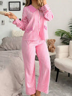 Sarah Express Women's Stripe Buttoned Front Long Sleeve Sleepwear Set