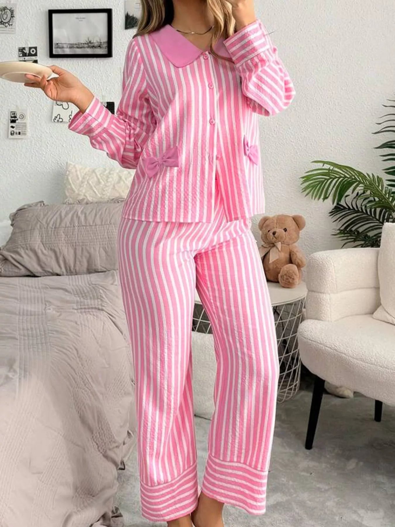 Sarah Express Women's Stripe Buttoned Front Long Sleeve Sleepwear Set