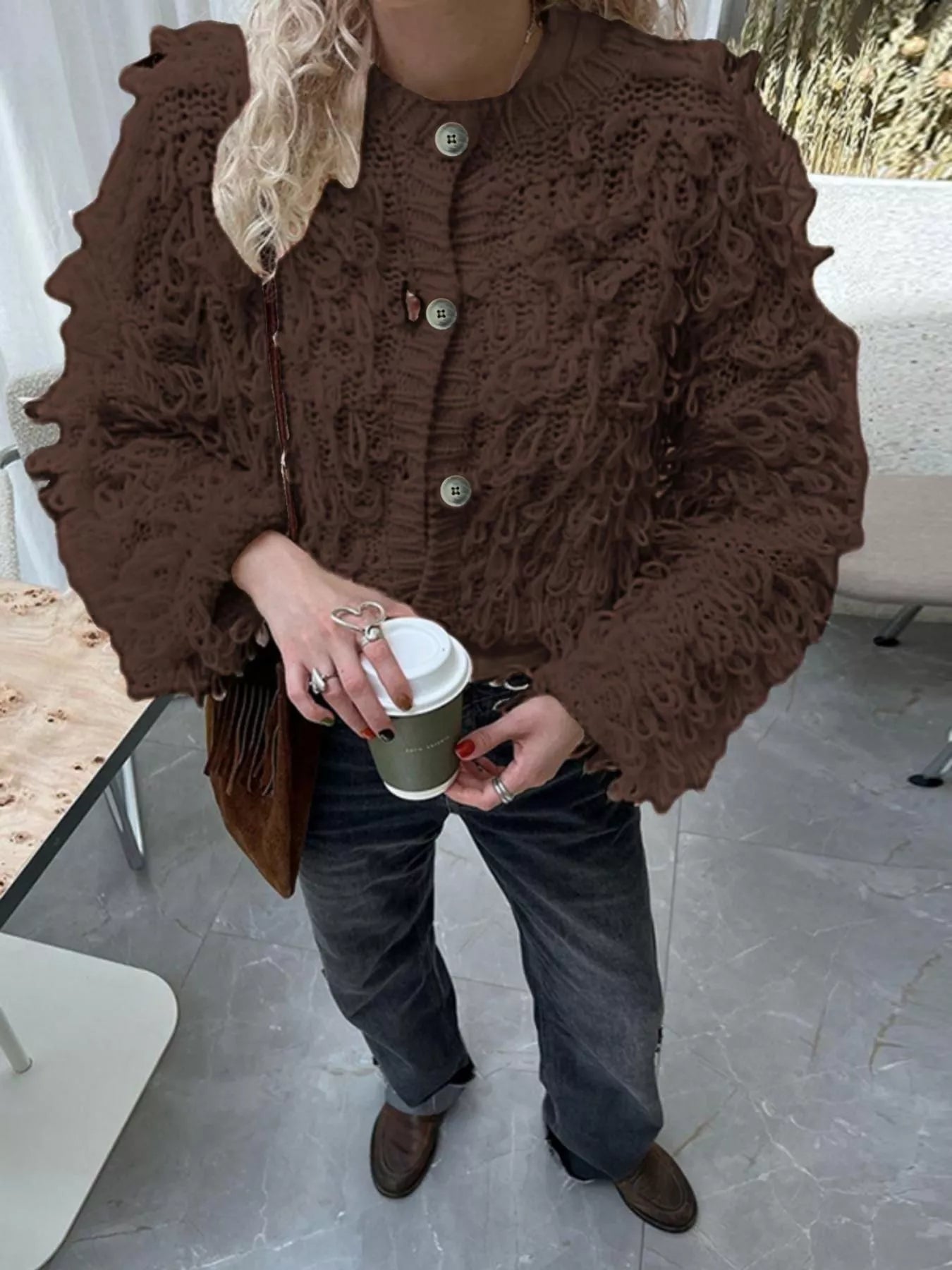 Sarah Express Women's Fringe Button Up Cardigan