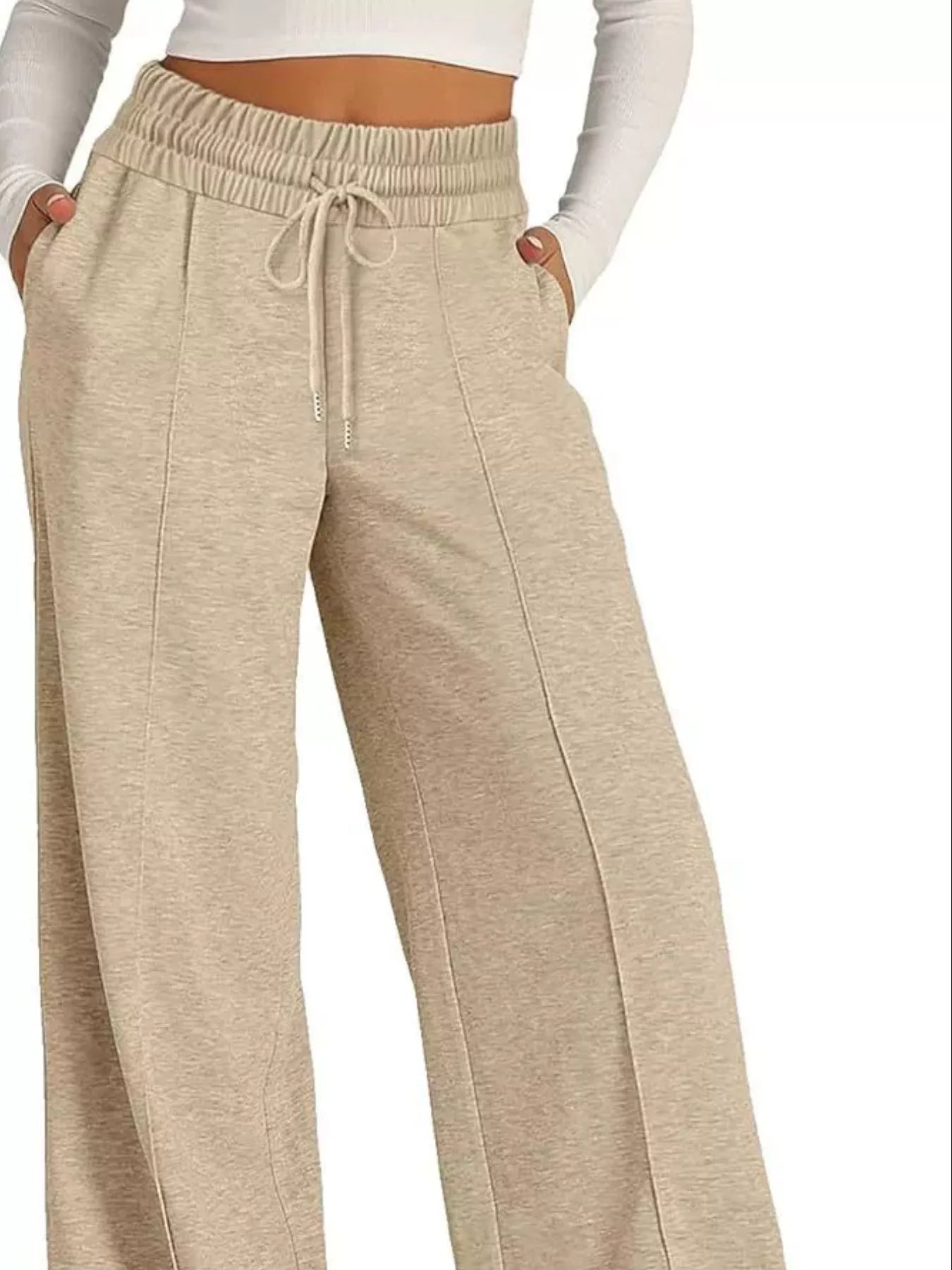 Sarah Express Women's Wide Leg Drawstring Pants - High Waist Palazzo Pants with Pockets Khaki
