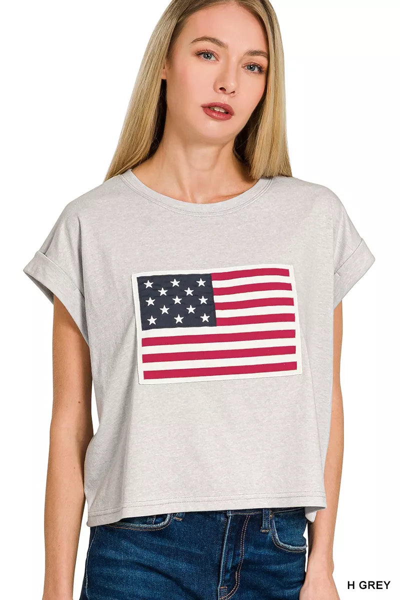 Sarah Express Women's American Flag T-Shirt - Patriotic Round Neck Short Sleeve Top