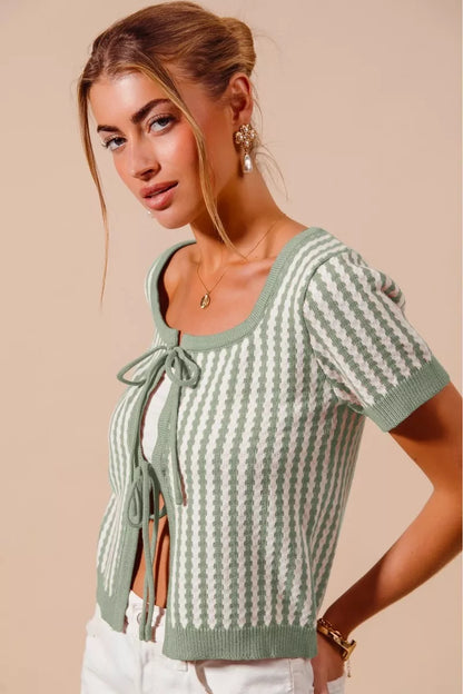 Sarah Express Women's Tie Front Textured Vertical Stripe Knit Cardigan