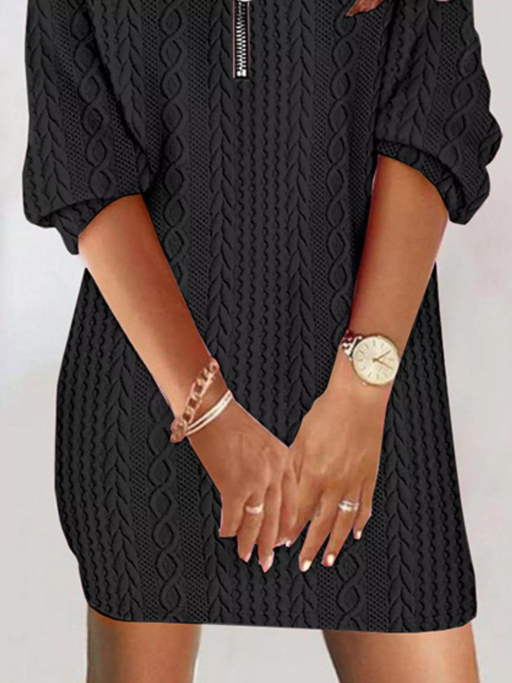 Sarah Express Women's Zip Detail Textured Cable Knit Mini Sweater Dress