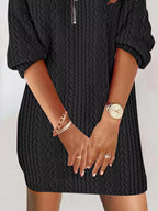 Sarah Express Women's Zip Detail Textured Cable Knit Mini Sweater Dress