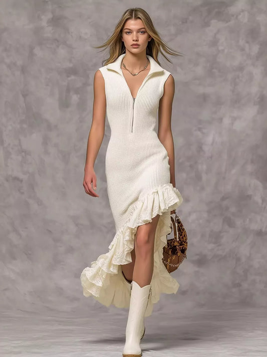 Sarah Express Women's Asymmetrical Ruffle Hem Sleeveless Knit Dress - Elegant Zipper Detail