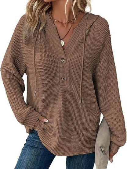 Sarah Express Women's Button Detail Waffle Knit Hoodie - Plus Size Drawstring Pullover with Pockets Brown