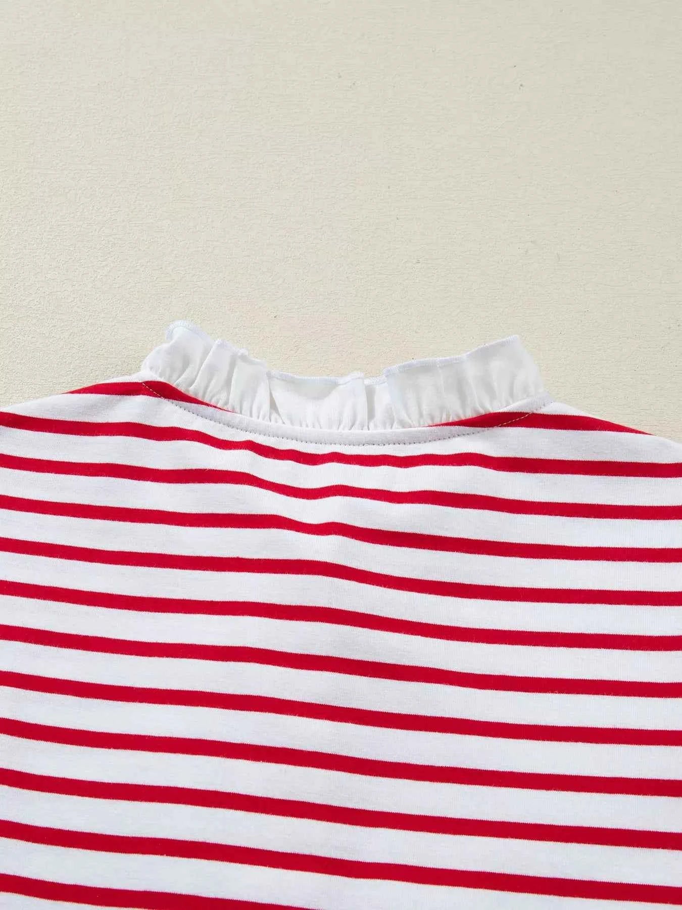 Sarah Express Women's Stripe Contrast Frilled Trim Half Button Long Sleeve Top