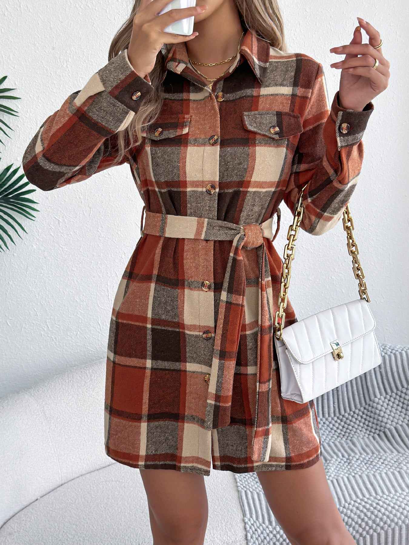 Sarah Express Women's Color-Blocked Plaid Tweed Shirt Dress with Tie Waist