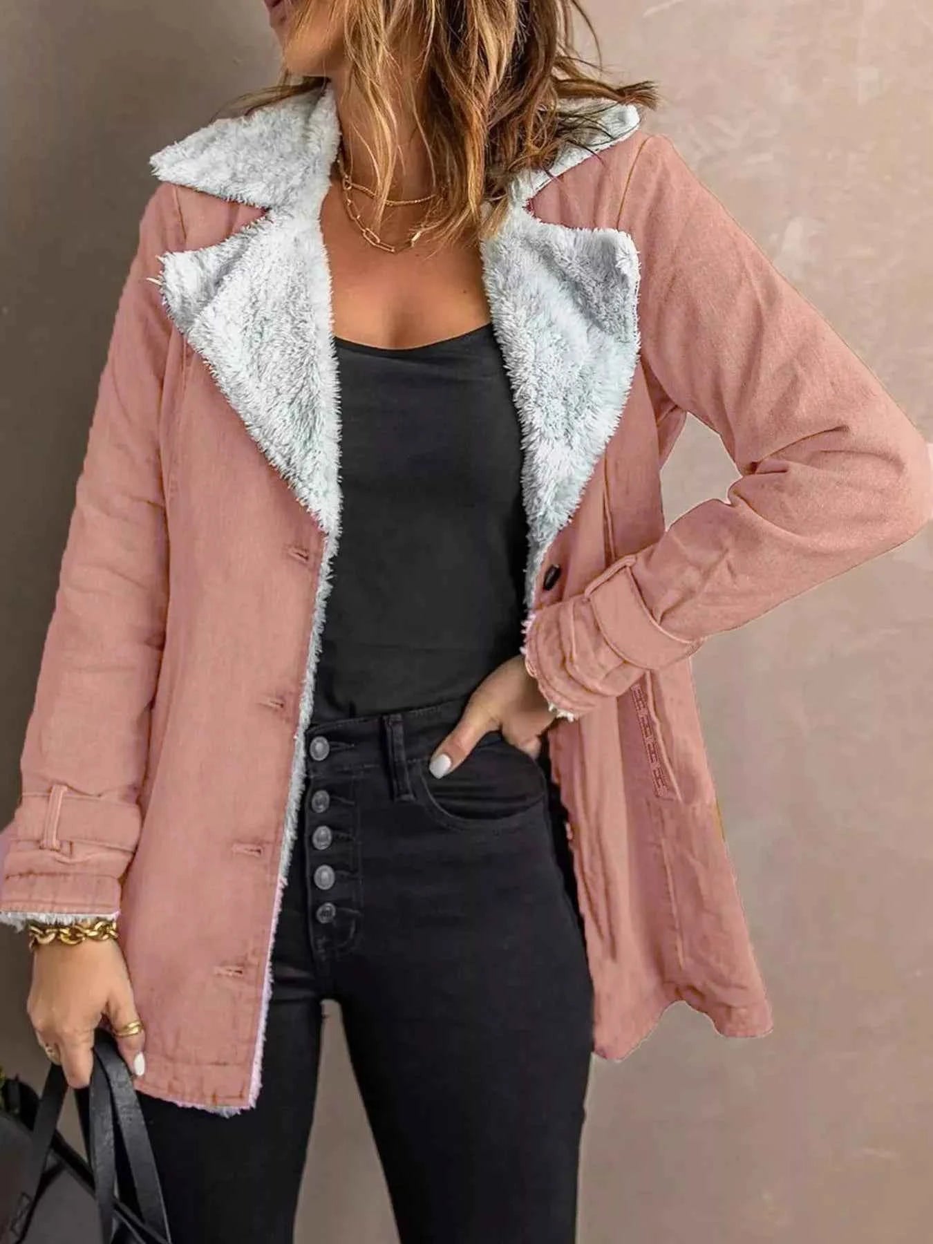 Sarah Express Women's Sherpa Lined Button Up Jacket - Cozy Fleece Outerwear Plus Size Pink