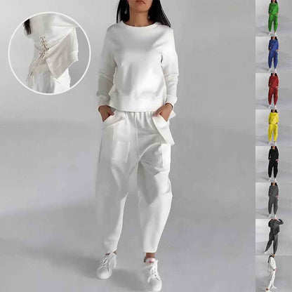 Sarah Express Women's Two Piece Sweatshirt Set - Long Sleeve Top with Back Slit & Loose Trousers with Pockets