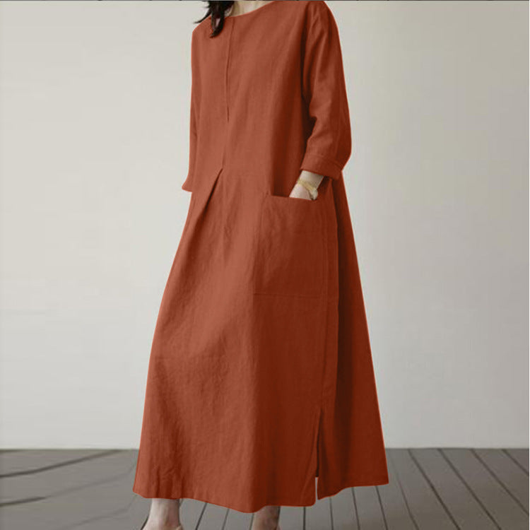 Sarah Express Women's Autumn Solid Color Elegant Cotton Dress Long Sleeve Wide Waist Basic Maxi Dress