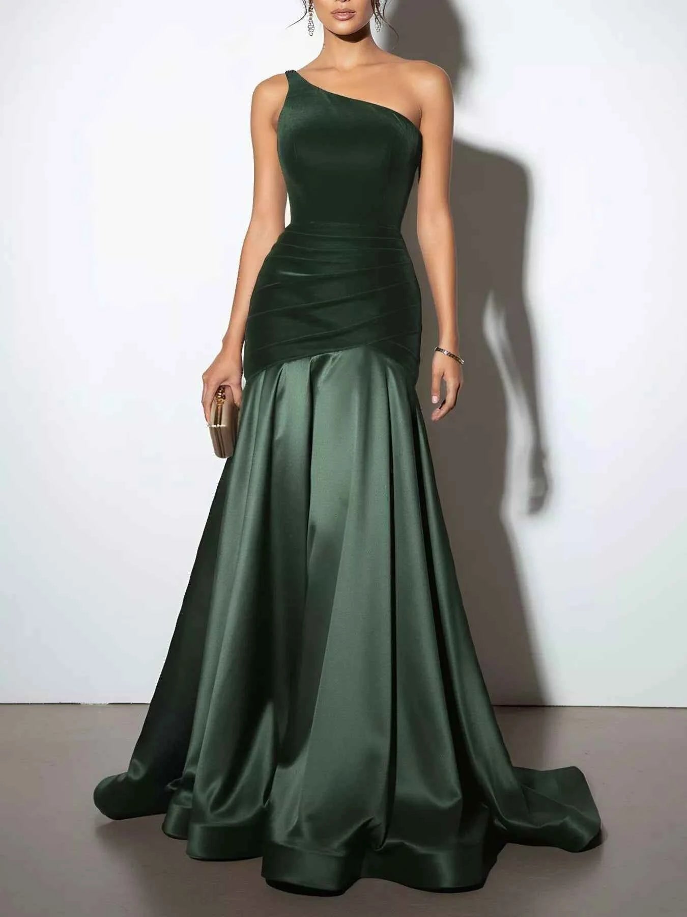 Sarah Express Women's Single Shoulder Ruched Floor Length Dress Green