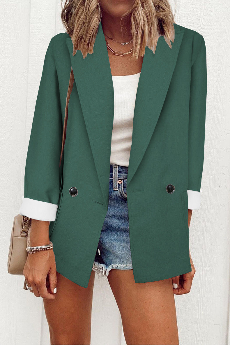 Sarah Express Women's Double-Breasted Blazer Loose Fit Suit Collar Long Sleeve Jacket