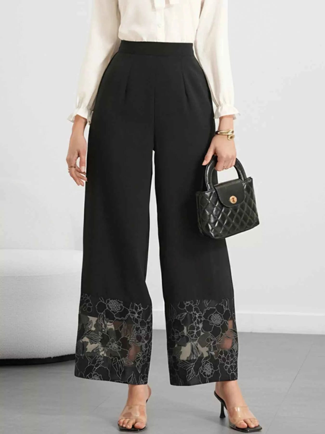 Sarah Express Women's Floral Lace Hem Wide Leg Pants