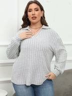 Sarah Express Women's Plus Size Ribbed Knit Polo Collar T-Shirt