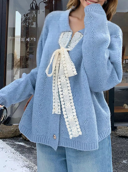 Sarah Express Women's Lace Tie Button Up Cardigan Light Blue One Size