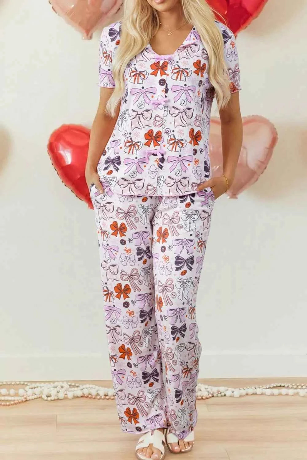 Sarah Express Women's Bow Print Short Sleeve Pajama Set - Button Front Shirt & Pants Sleepwear