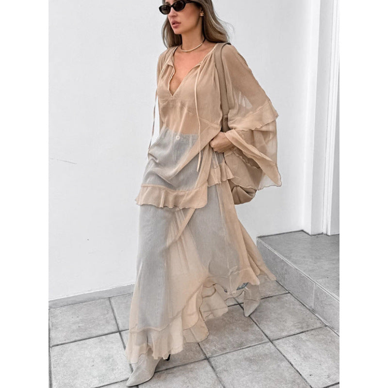 Women's Khaki Ruffled Long Sleeve Dress