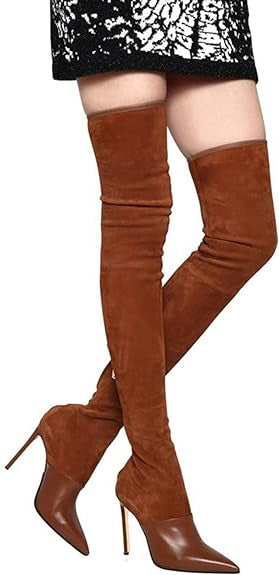 Sarah Express Women's Over-the-Knee Suede Boots - Stiletto Heel Pointed Toe Stretch Boots