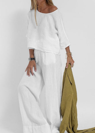 Sarah Express Cotton Linen Two-Piece Pants Suit Cropped Sleeve Wide Leg Casual Set