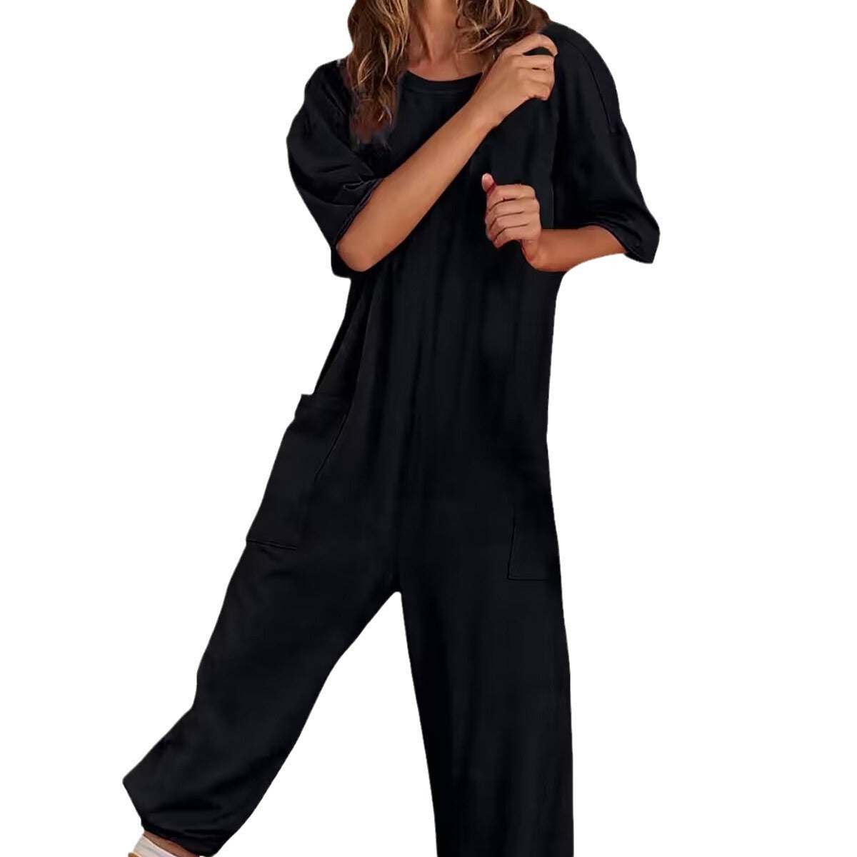 Sarah Express Women's V-Neck Jumpsuit Stretch Polyester with Pockets Casual Spring Summer One-Piece