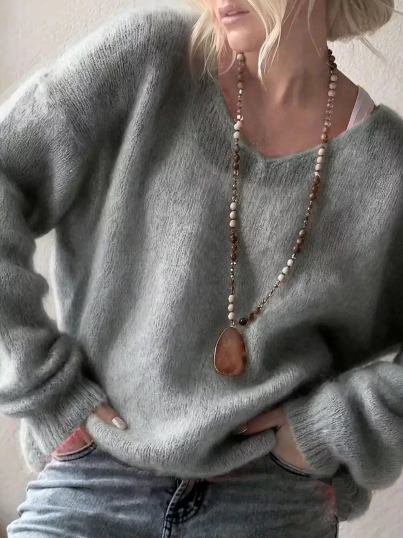 Sarah Express Women's V-Neck Dropped Shoulder Sweater Gray