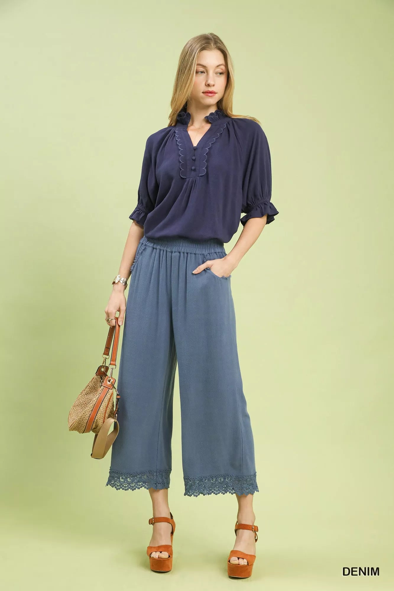 Sarah Express Women's Linen Wide Leg Cropped Pants with Lace Trim - Lightweight Summer Palazzo Pants
