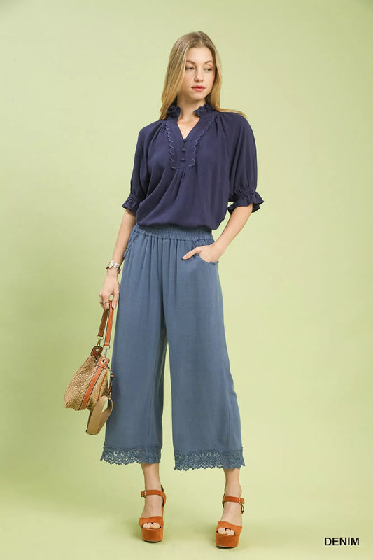 Sarah Express Women's Linen Wide Leg Cropped Pants with Lace Trim - Lightweight Summer Palazzo Pants