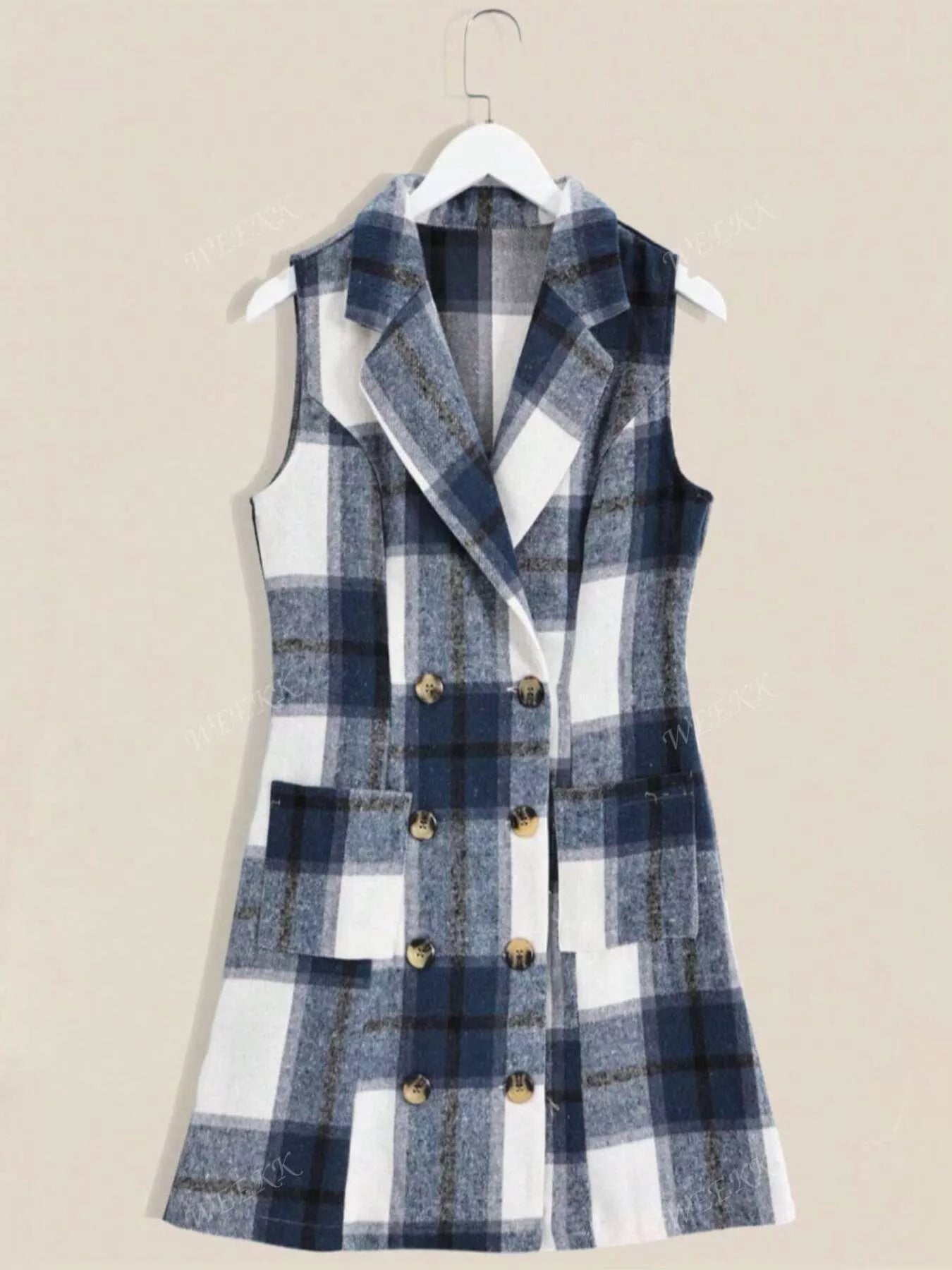 Sarah Express Women's Plaid Double-Breasted Sleeveless Blazer Dress