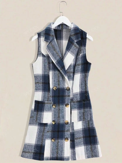 Sarah Express Women's Plaid Double-Breasted Sleeveless Blazer Dress