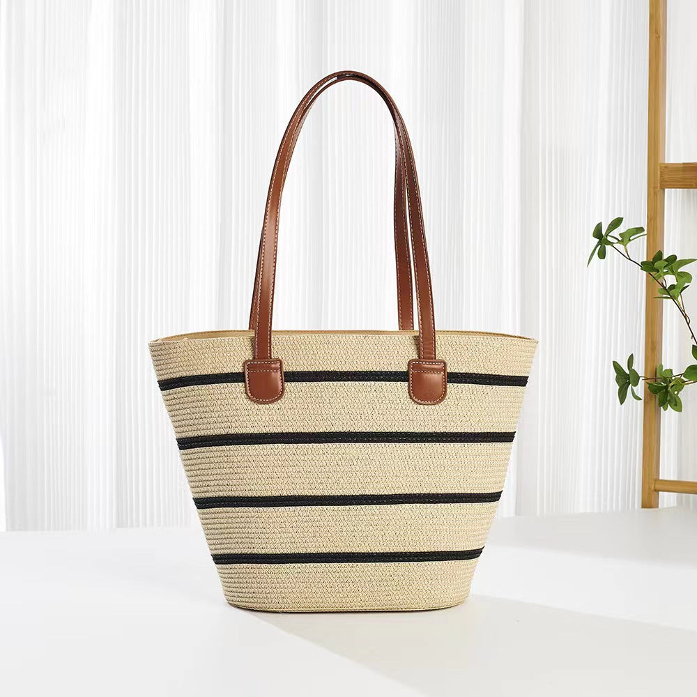 Sarah Express Women's Woven Straw Tote Bag - Minimalist Urban Casual Shoulder Bag with Zipper Compartment Beige Black Wide Stripes 42X28X13CM