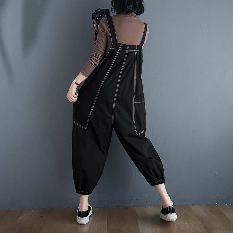 Sarah Express Women's Loose Fit Cotton Overalls Plus Size Relaxed Jumpsuit Korean Style Casual Pants
