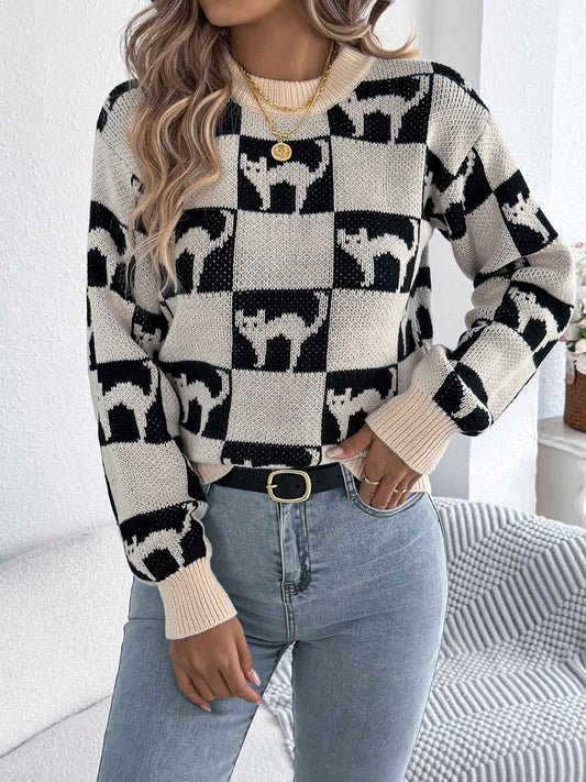 Sarah Express Women's Halloween Plaid Lantern Sleeve Pullover Sweater