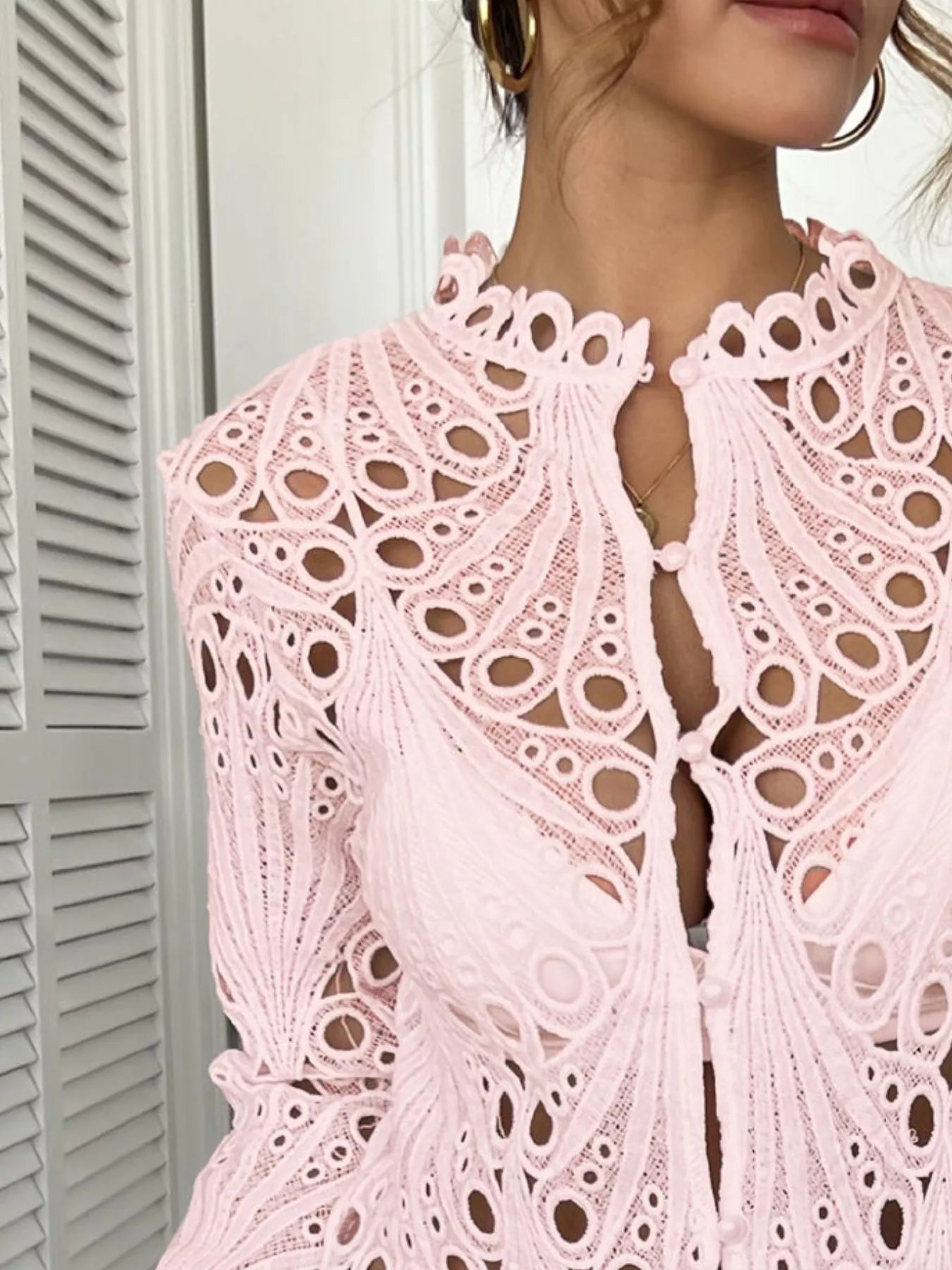 Sarah Express Women's Lace Button Up Long Sleeve Shirt - Elegant Openwork Blouse