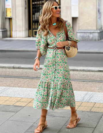 Sarah Express Floral V-Neck Puff Sleeve Maxi Dress A-Line