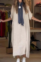 Sarah Express Women's Loose Cotton Linen Maxi Dress Short Sleeve Casual Relaxed Fit