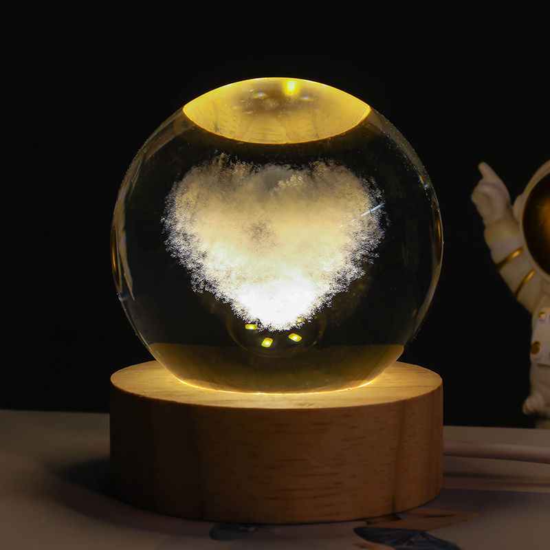 Sarah Express 3D Crystal Ball Night Light - Luminous Planetary Moon Galaxy Projection Lamp with Wooden Base Solid Wood Lamp Holder Love cloud 6CM