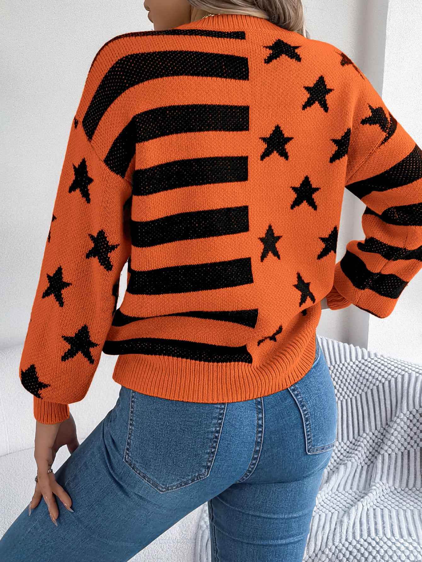 Sarah Express Women Casual Star Stripe Lantern Sleeve Long Sleeve Pullover Sweater