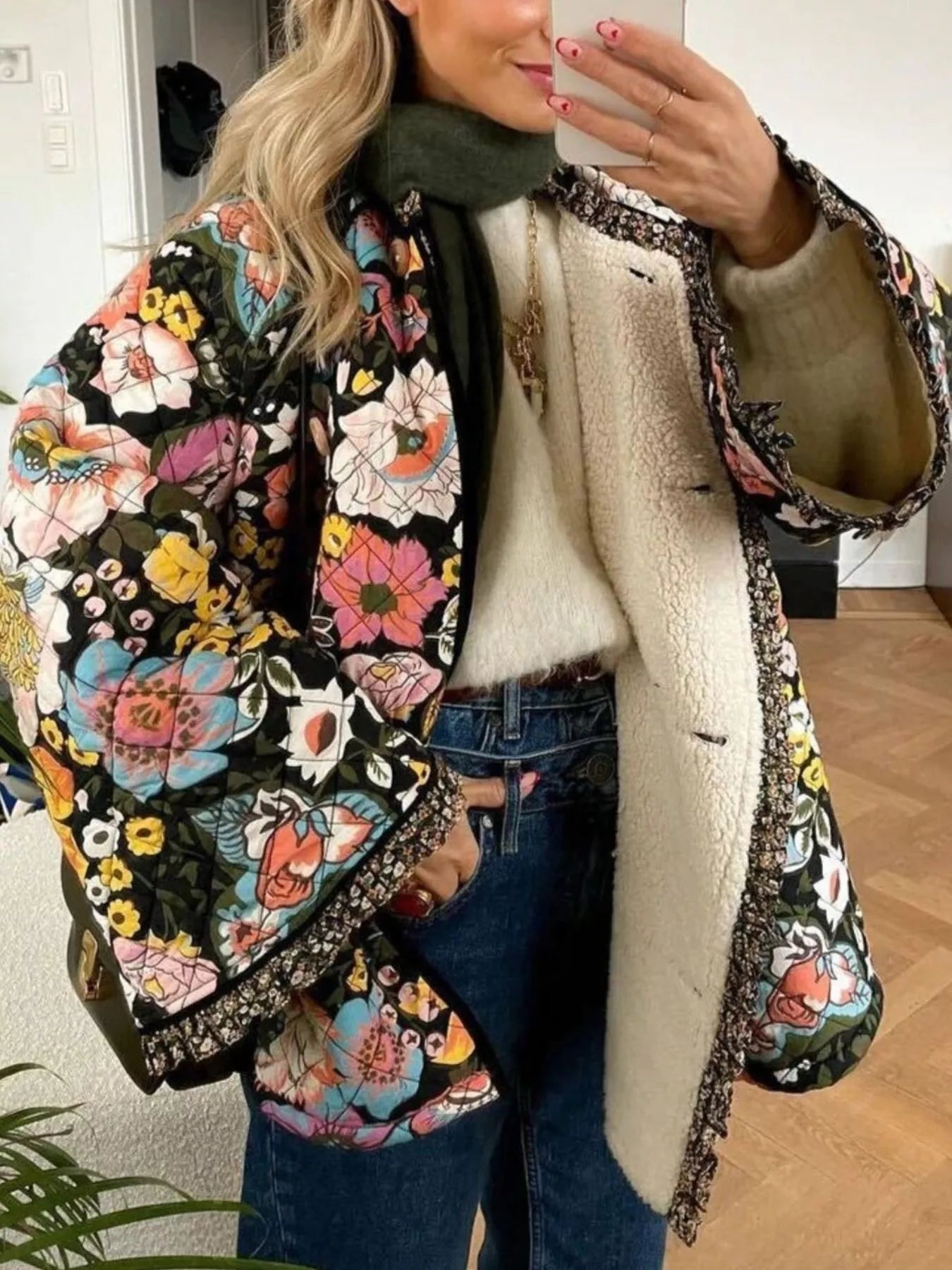 Sarah Express Women's Floral Print Quilted Sherpa-Lined Jacket Plus Size Color