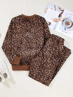 Sarah Express Women's Leopard Print Contrast Trim Long Sleeve Top and Pants Set
