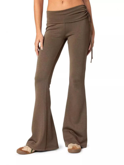 Sarah Express Women's High-Waisted Flare Pants with Drawstring Khaki