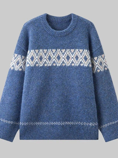 Sarah Express Women's Vintage Patterned Round Neck Sweater Plus Size Navy