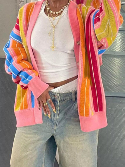 Sarah Express Women's Striped Knit Button Up Cardigan Pink