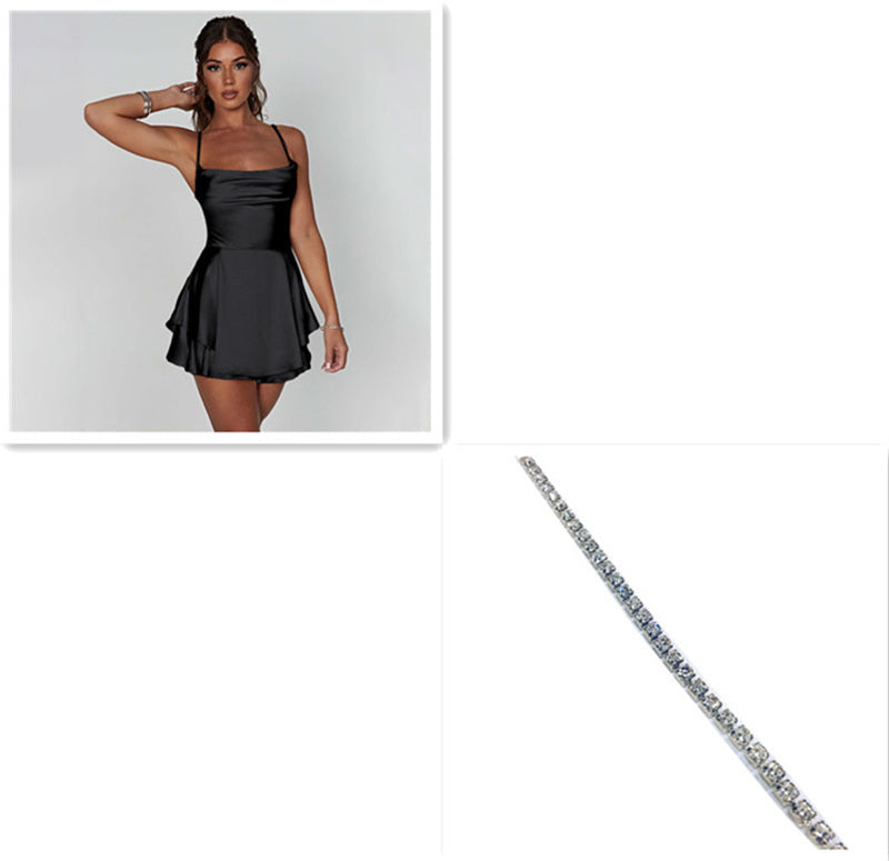 Backless Lace-Up Suspender Strap Satin A-Line Short Dress Women's Party