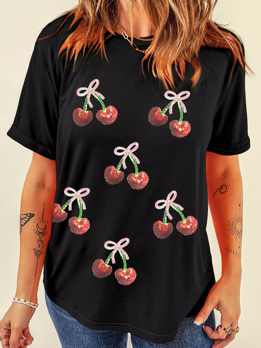 Sarah Express Women's Sequin Bow Cherry Patched Valentine's Tee Plus Size Black